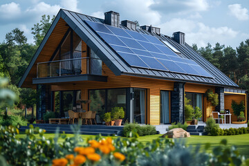 Eco house with solar panels on roof. Villa in ecological green area, green grass, flowers and trees around. Concept of ecological energy, solar panels, alternative energy technologies
