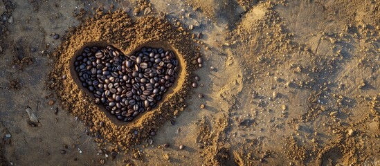 Obraz premium Coffee grains in heart shape on sandy surface expressing love for coffee arranged in a frame design with ample copy space viewed from above