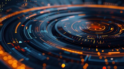 Fototapeta premium A futuristic turn table/ mixing desk, with data transmissions, orange and blue graphics, concept of making music online