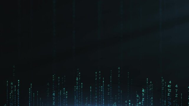 Binary code matrix style on dark background with glowing light data.