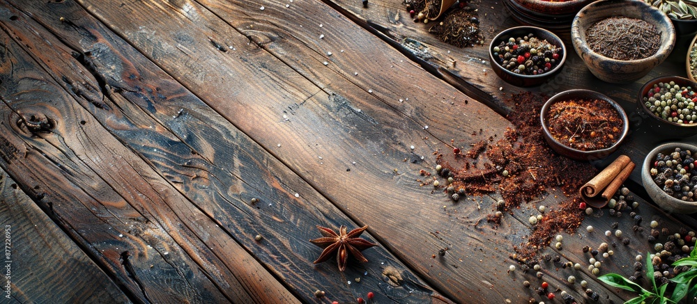 Leinwandbilder A rustic wooden table adorned with various aromatic spices creating an appealing composition with copy space image