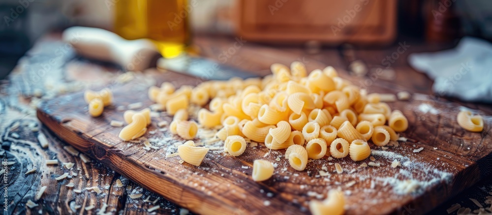 Leinwandbilder uncooked macaroni pasta on a wooden cutting board on a kitchen table with a selective focus on the i