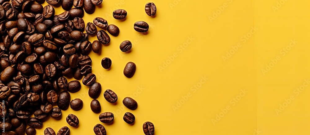 Fototapete Yellow background with coffee bean borders offers space for your text around the image. with copy space image. Place for adding text or design