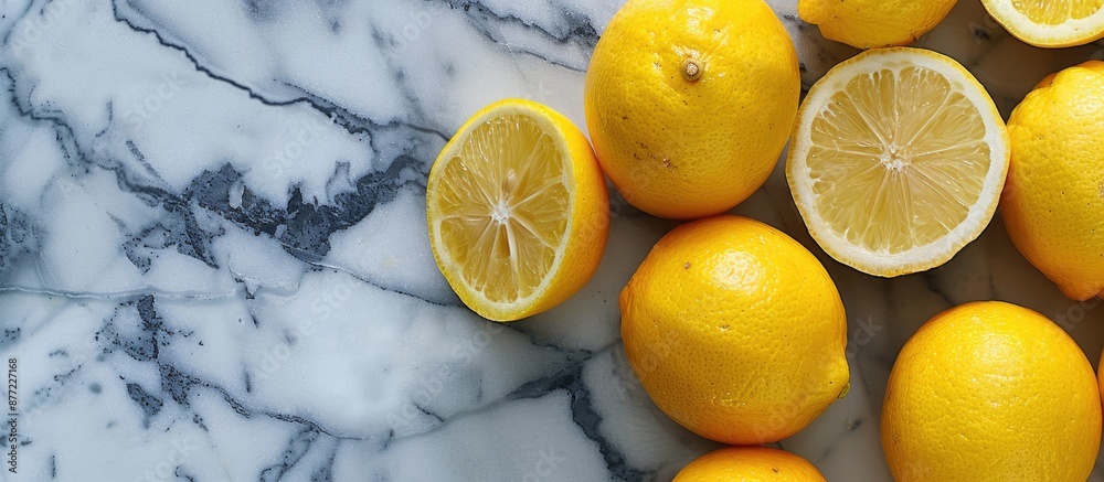 Leinwandbilder Lemons arranged on a marble surface in a flat lay composition with copy space image
