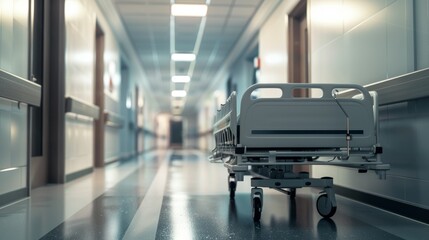 Obraz premium Night, hospital, bed in hallway, healthcare, wellness, furniture, ergonomics, help or risk. Surgical ward, clinic, or emergency service with bacteria or hygiene