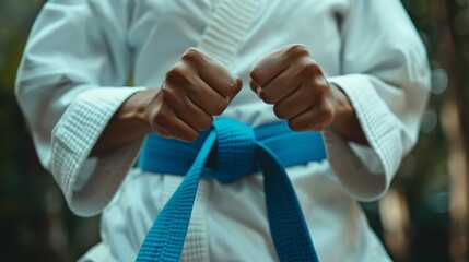 Fitness, fighting a karate fighter in gi, and city training against a blurred background. Male athlete exercising, disciplining, or respecting himself during a health protection workout closeup.