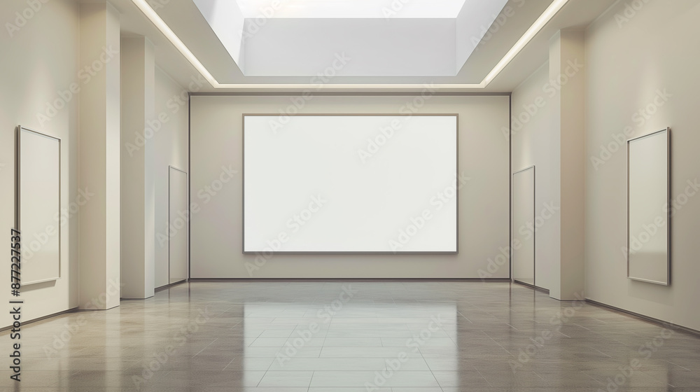 Poster a large white display screen is mounted on a wall. huge hall museum room with big white empty screen