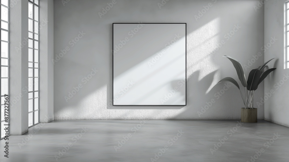 Poster White empty studio room with empty white display screen mock up and plant and soft sunlight shadows and beams from windows, minimalistic display mock up for advertisement and design
