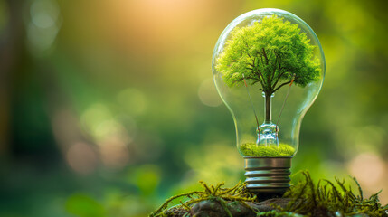 light bulb with green tree inside and bright green nature forest blurred background, ecology and sustainability concept, save nature Save planet eco concept energy and idea, solutions. Planet problems