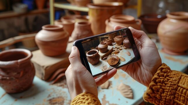 Phone, pottery, and hands with screen image for social media, blogging, and creative website. Workshop, smartphone, and female influencer photo for pottery, clay sculpture, and online app art.