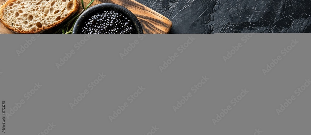 Poster a black caviar sturgeon sits in a dark bowl next to a sandwich on a wooden board on a black table wi