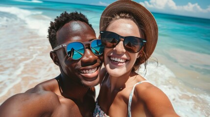 Fototapeta premium Mexico beach vacation couple, selfie and social media influencer streaming or video calling, cheerful and relaxed. Young, trendy man and wife sharing maritime voyage online.