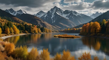 Panoramic view of majestic mountains with autumn foliage and a serene river, encapsulating the tranquil beauty of a natural landscape.generative.ai