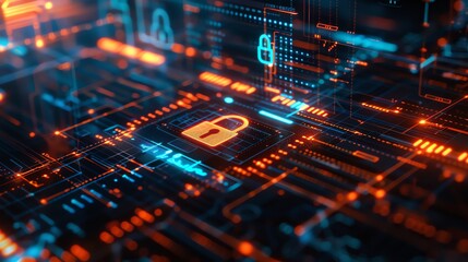 Obraz premium A data board displaying an orange padlock symbolizing Cyber security threat