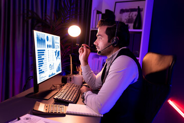 Smart businessman remotely meeting with sales team on group online, concentrating research business...