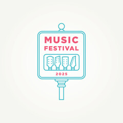 minimalist street sign music festival with music instruments line art icon logo vector illustration design. modern simple poster, t-shirt, music festival banner, cover logo concept