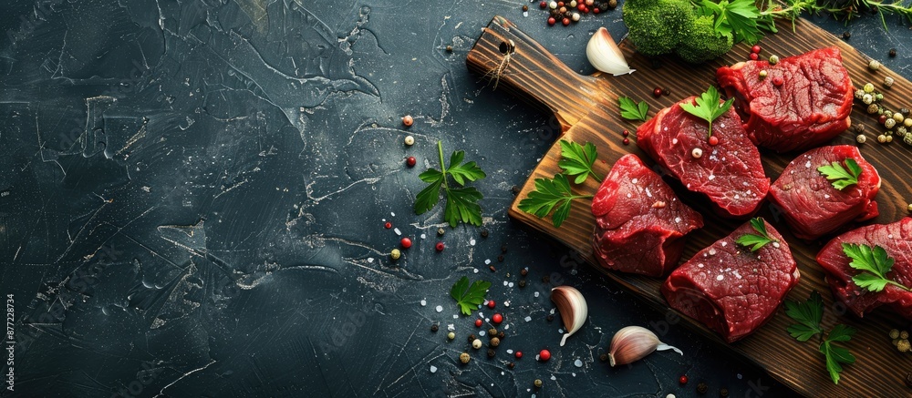 Poster wooden cutting board with raw beef steaks accompanied by garlic parsley and spices set against a sto