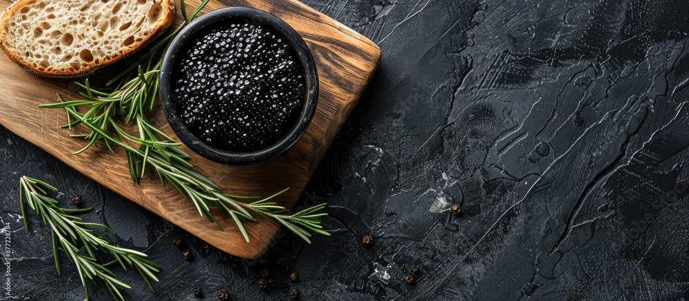 Poster a black caviar sturgeon sits in a dark bowl next to a sandwich on a wooden board on a black table wi