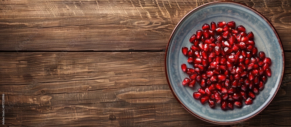 Leinwandbilder pomegranate seeds on a plate with copy space image on the right side set against a horizontal brown 