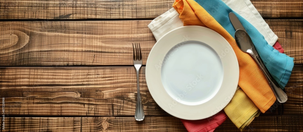 Poster Top down view of a restaurant menu setting featuring an empty plate cutlery and colorful napkin on a wooden background designed with copy space image