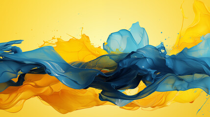 Blue Fluid Ink Swept on Yellow Background, Abstract Image, Texture, Pattern Background, Wall Paper, Background Plan, Cell Phone Layer and Fabric, Smartphone, Computer, Laptop, 9:16 and 16:9 Format