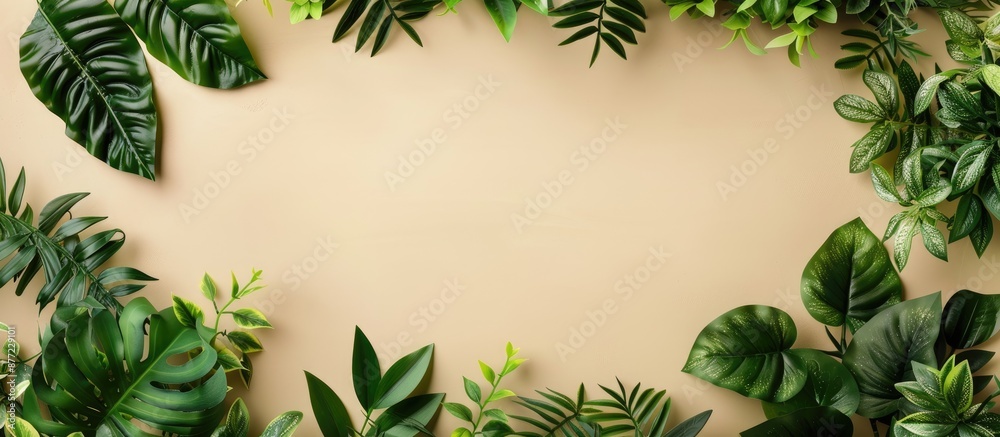 Aufkleber Top view of green artificial plants on a beige backdrop with copy space image available
