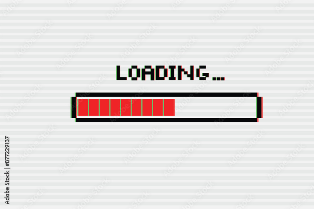 Poster pixel 8-bit loading bar with glitch effect.