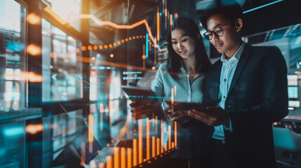 Professional business team working on a project together in the office Using economic growth charts and network connections to accompany the data. in analyzing future trends