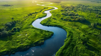A winding river flows through the green grassland, with an aerial photography perspective and high definition image quality of the natural scenery.