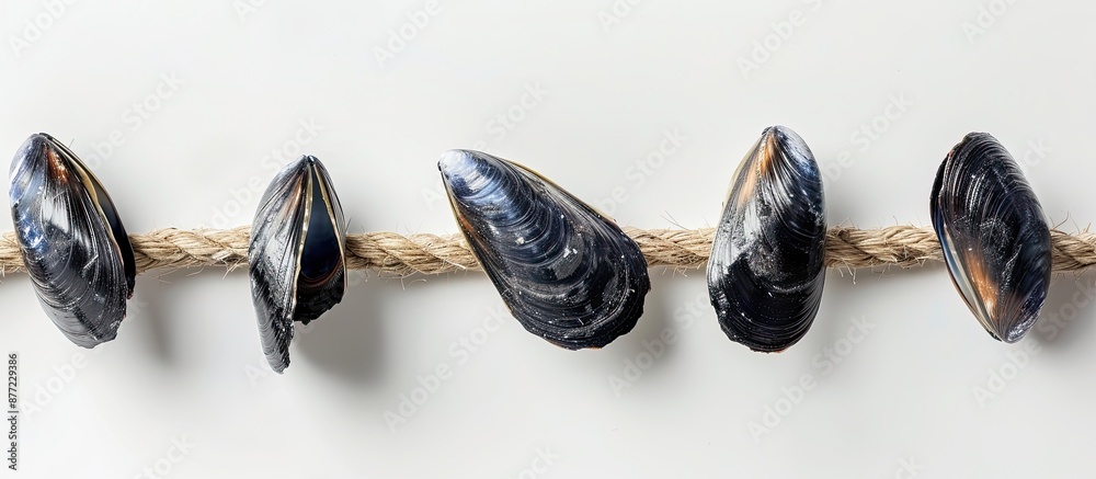 Poster Image concept featuring mussel shells attached to a hemp rope on a white backdrop with copy space available