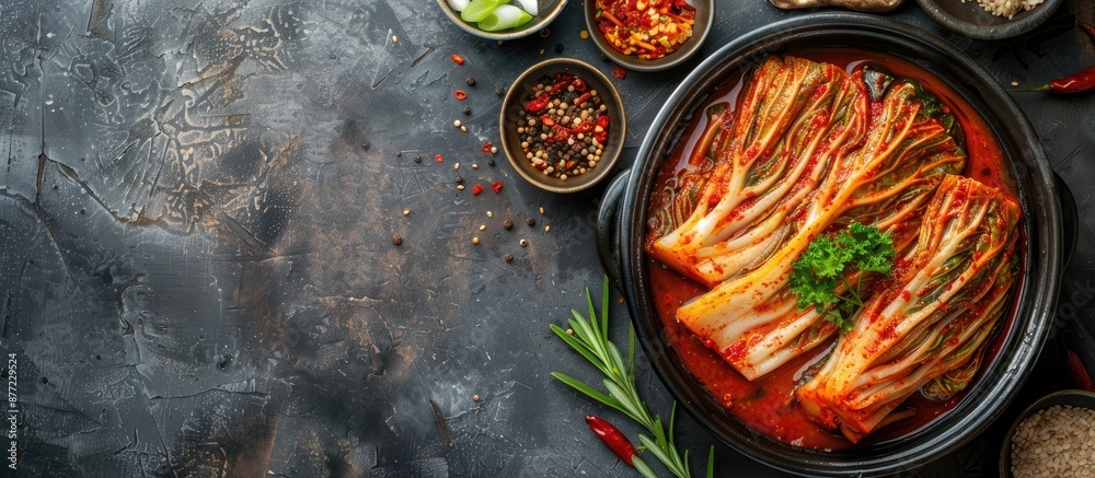 Aufkleber Traditional Korean dish of kimchi cabbage displayed on a gray backdrop with ample copy space image