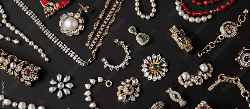 Poster A variety of classy jewelry displayed from above against a black backdrop with room for text in the copy space image