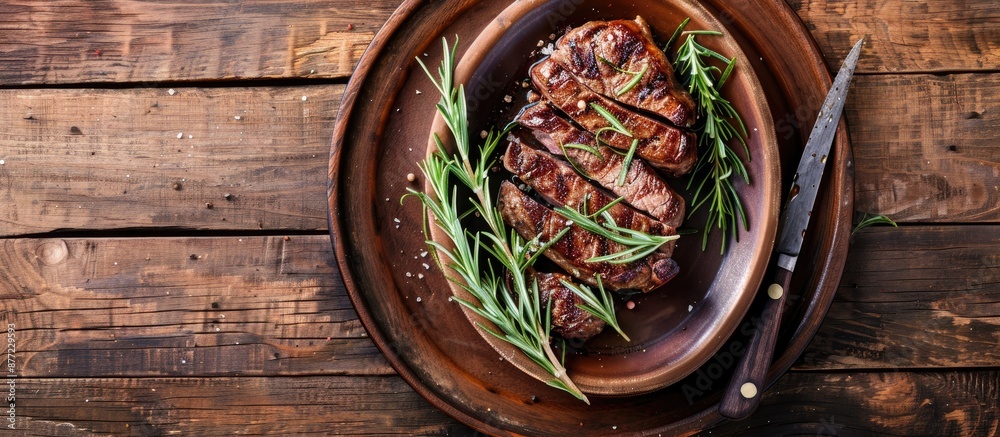 Aufkleber top down view of a plate with cooked steaks and sprigs of rosemary on a wooden surface with a clear 