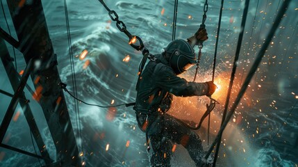 Welders hanging from harnesses weld the columns of the giant structure suspended above the stormy sea.