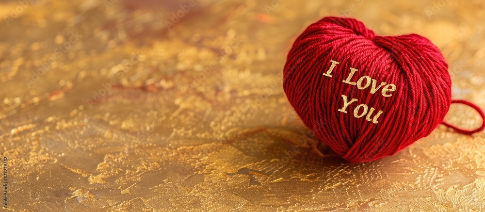 Poster a red heart made of yarn with i love you text sits on a gold surface framed by copy space for text s