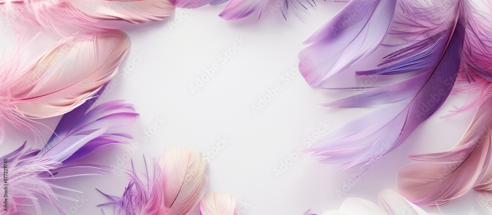 Poster white background adorned with lovely purple and soft pink feathers includes copy space image