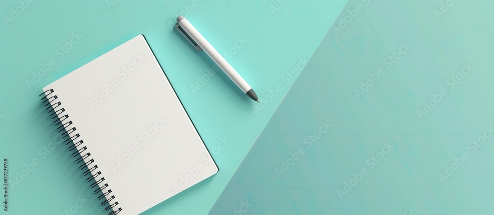 Poster Workspace mockup on blue background with notebook pen featuring copy space image