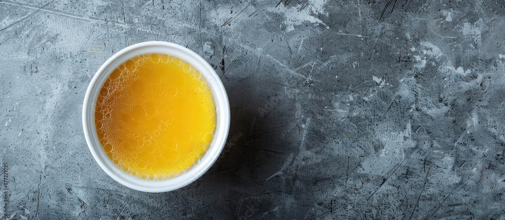 Poster A nutritious bowl of broth on a gray surface with a top down perspective offering a wide horizontal copy space image for a banner design