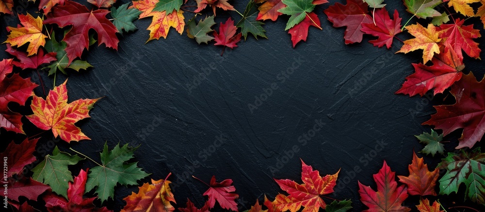 Poster autumn themed top view flat lay with red green and yellow leaves forming a frame on a black backgrou