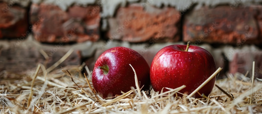 Leinwandbilder a high quality photo features two red ripe juicy apples placed on hay with a brick wall background c