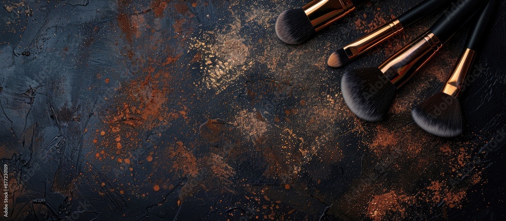 Poster Makeup brushes and tools on a dark textured backdrop with powder and eyeshadow offering a copy space image and a touch of shine