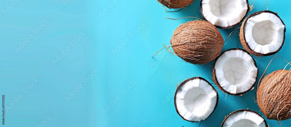 Leinwandbilder a flat lay setup displaying fresh coconut halves on a blue background with room available for text i