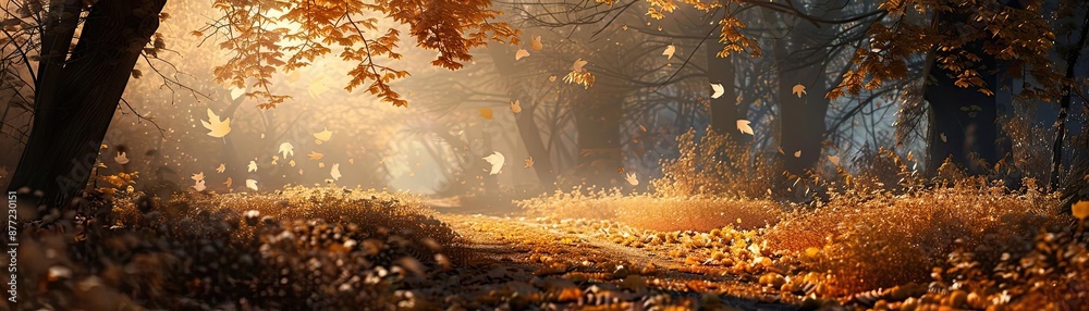 Poster serene autumn forest pathway bathed in golden sunlight with falling leaves creating a magical and tr