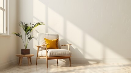 Bright interior with a beige armchair and yellow cushions in a contemporary home design of a study room. The room showcases a minimalist aesthetic with a beige armchair.