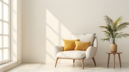 Bright interior with a beige armchair and yellow cushions in a contemporary home design of a study room. The room showcases a minimalist aesthetic with a beige armchair.
