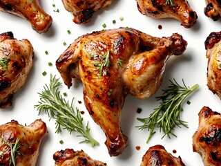 delicious grilled chicken on white background Side and top view of BBQ Food