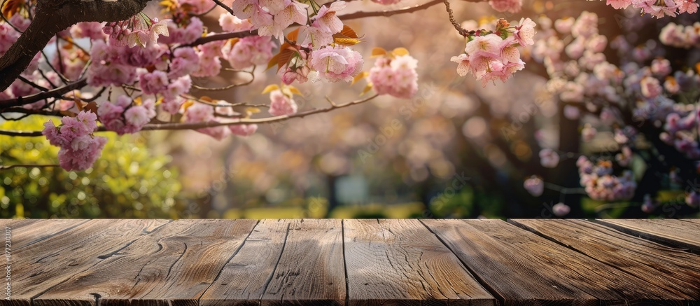 Aufkleber Rustic wooden table positioned in front of a blossoming cherry tree ideal for product display or a picnic with space for images. with copy space image. Place for adding text or design