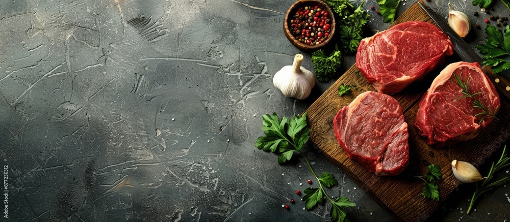 Poster Raw beef steaks displayed on a wooden cutting board with stylish lighting and shadows accompanied by spices garlic parsley against a concrete background with space for adding text or images