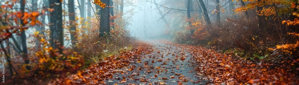 Poster a misty forest path covered in colorful autumn leaves, surrounded by tall trees with vibrant fall fo
