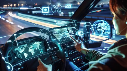 people in truck cab It interacts with a futuristic holographic display projected in front of the steering wheel.